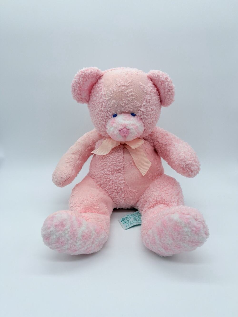 Vtg RUSS Hush a Bye Pink Plush Teddy Bear Lovey Stuffed Toy Textured Rattle 10"